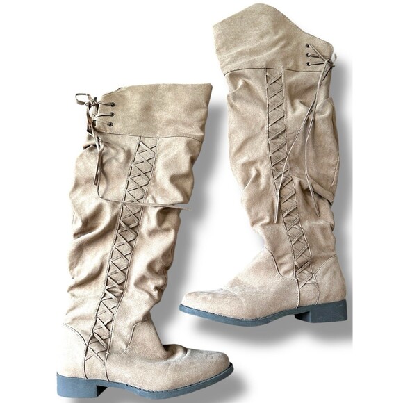 Womens Over The Knee Boots 8.5 Tan Suede Lace Back Flat Riding Slouchy Tall Boot - Picture 10 of 14